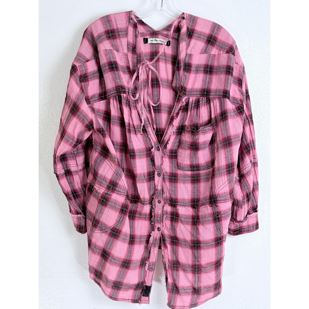 We The Free One of the Boys Pink Plaid Tunic Raw Edge Tie Back S